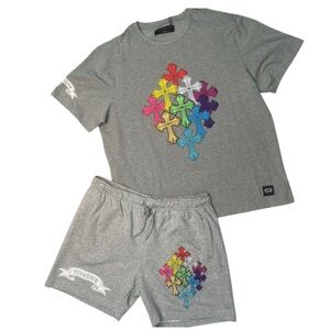Sz 3xl Gray Tee & Shorts Set with Multicolor Cross Motif